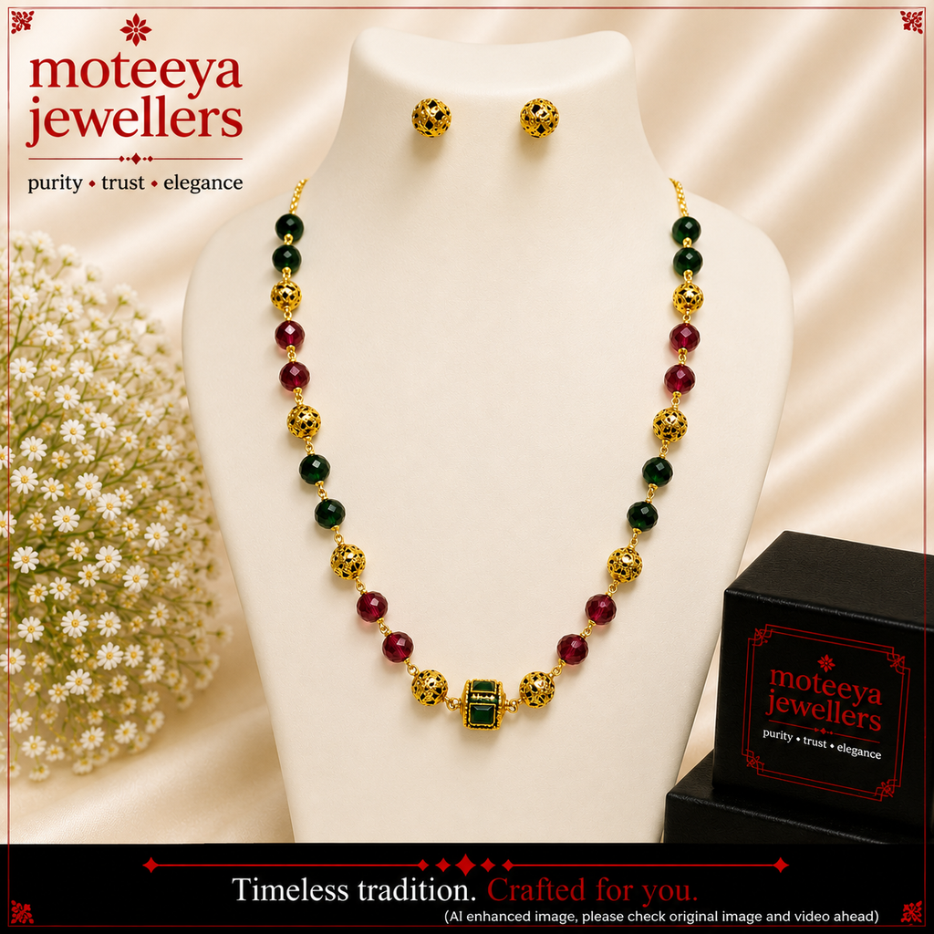 Red Green Crystals with Antique Balls Chain Necklace Set m689 689