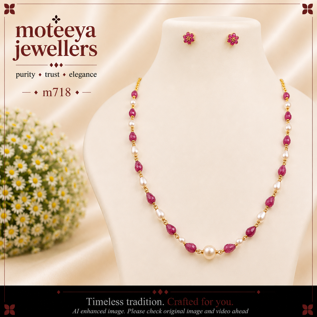 Moti Ruby Colour Drops Chain Necklace m718 718