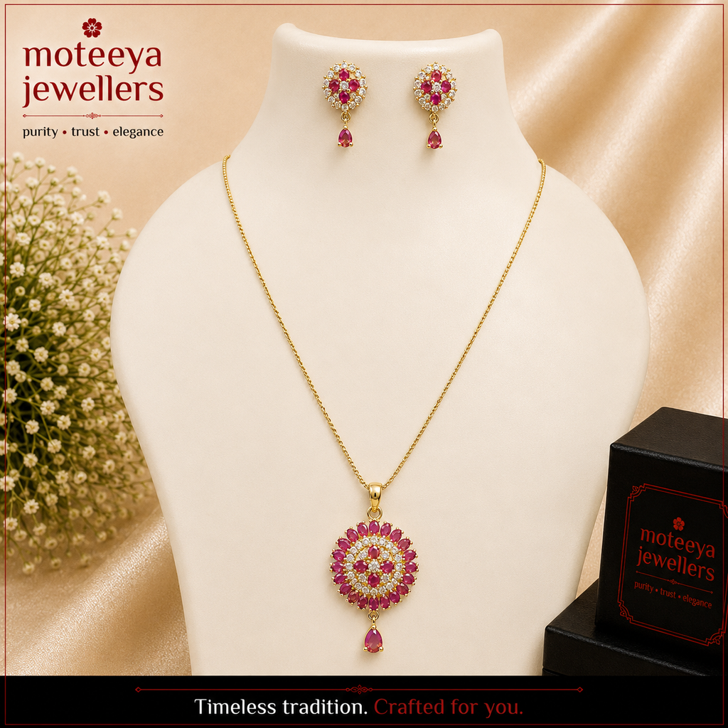 Ruby Pink and white American Diamond Locket Set with Chain Loc1102