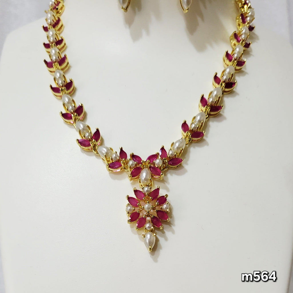 Delicate Ruby Colour Stone and Moti Necklace m564 564
