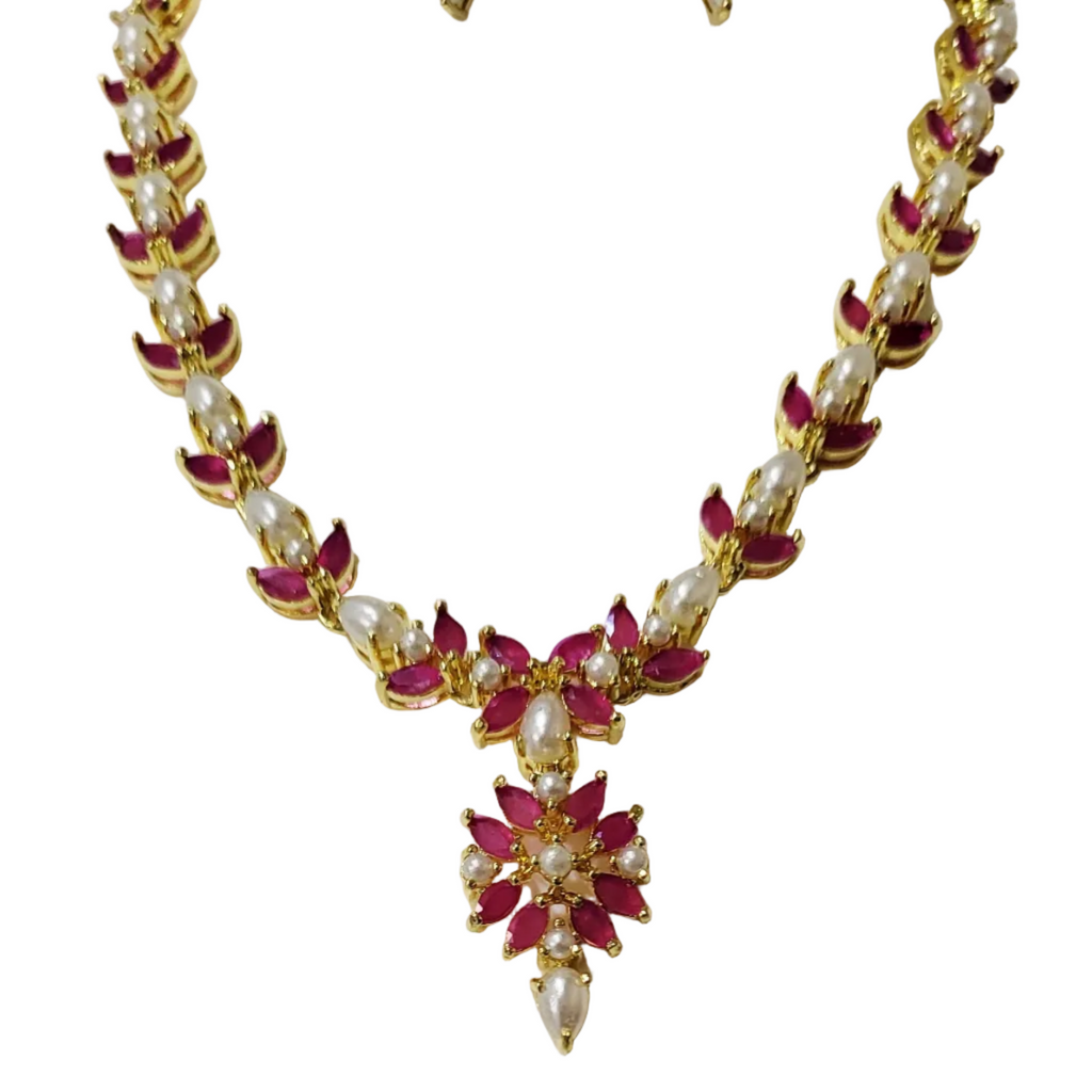 Delicate Ruby Colour Stone and Moti Necklace m564 564