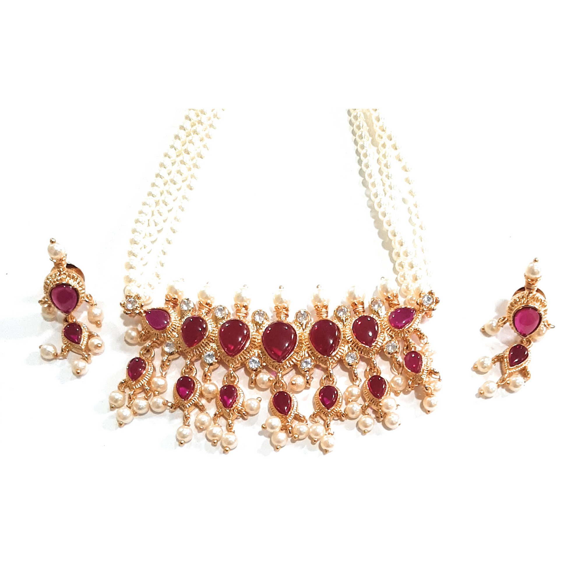 Red Uncut (Pota) Stones American Diamond Maharashtrian 7-leaves Tanmani Set